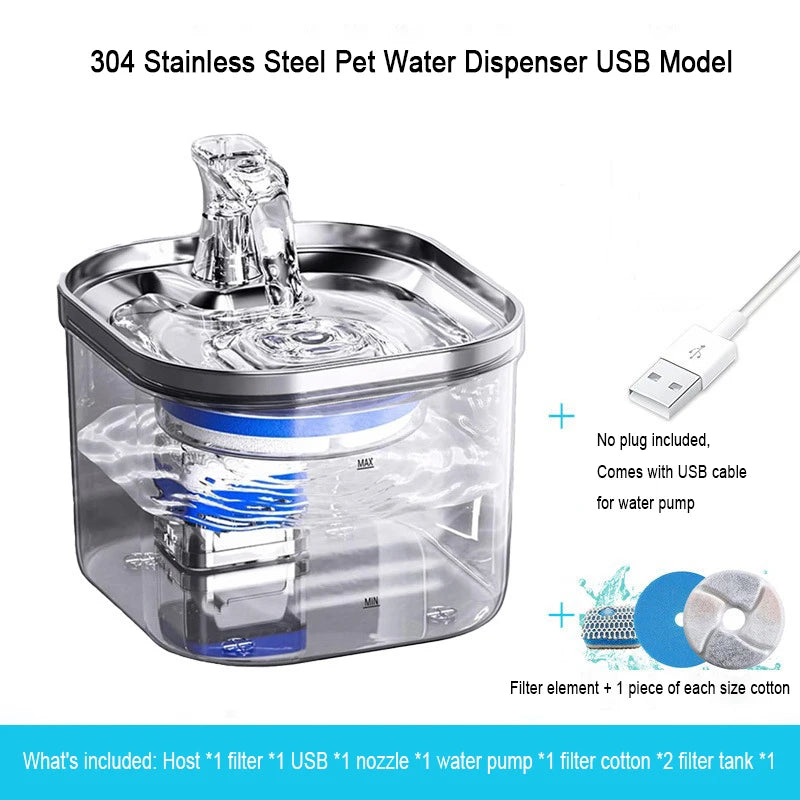 Stainless Steel and PP Transparent Automatic Pet Water Dispenser WF040 2L Capacity USB-Powered Silent Pump Cats Water Fountain