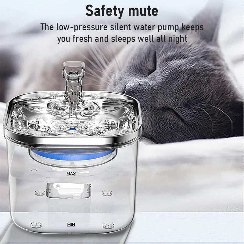 Stainless Steel and PP Transparent Automatic Pet Water Dispenser WF040 2L Capacity USB-Powered Silent Pump Cats Water Fountain